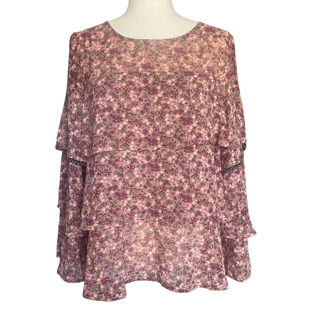 Bobeau Pink Floral Ruffle Top Size M